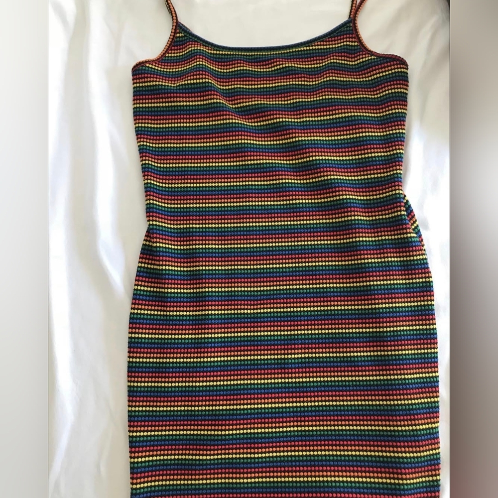 Vintage Rainbow Y2K Women's Dress, Multicolor Dotted Stripes